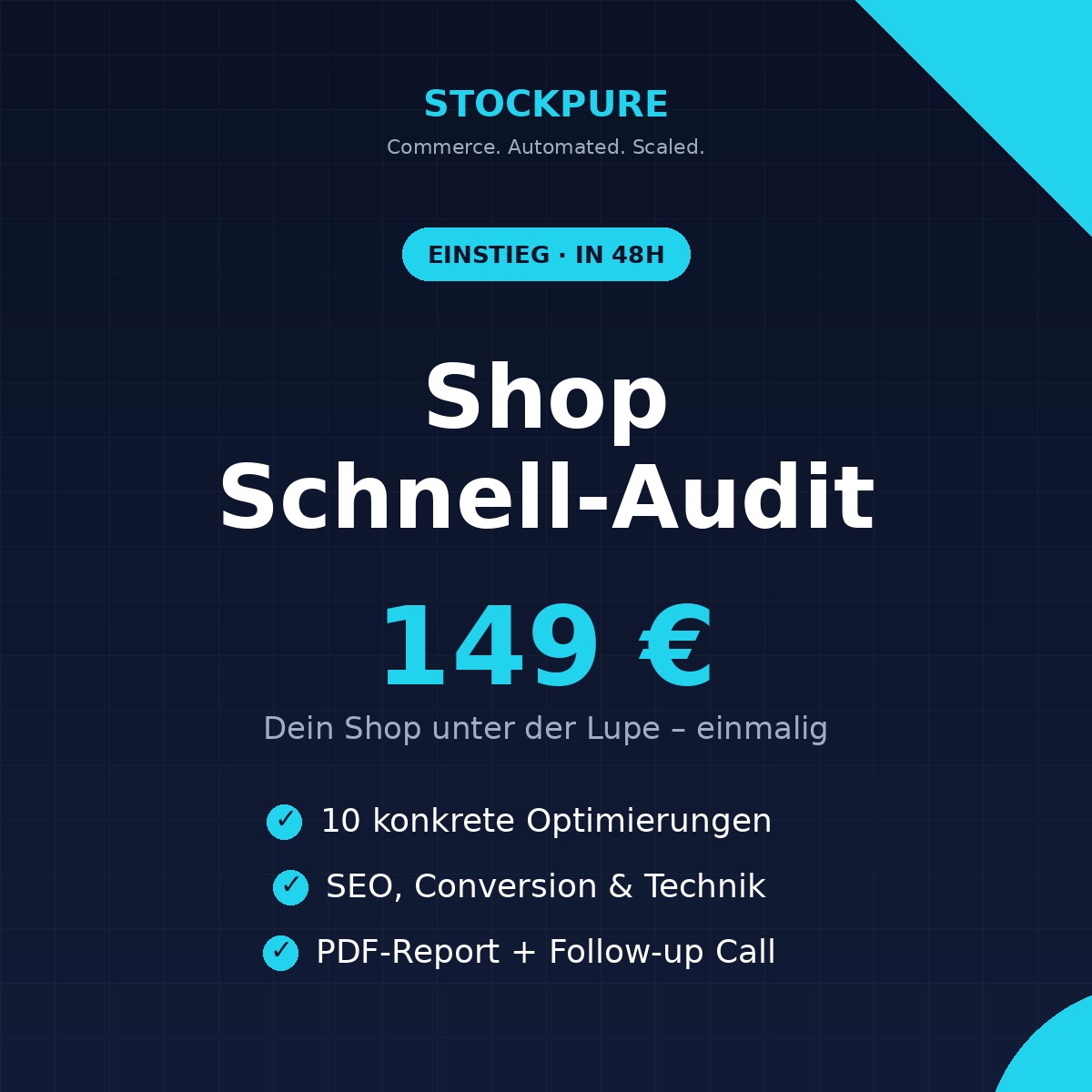 Shop Schnell-Audit von Stockpure – 149 € einmalig, 10 Optimierungen in 48 Stunden
